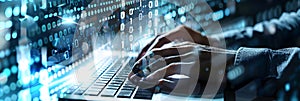 Digital background of code with hands typing on it, computer programming and cyber security