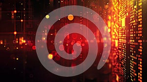 Digital background featuring red and yellow lights with binary code