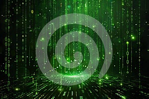 Digital background of green binary code on a dark green background, with falling numbers and a matrix style data flow. a perf