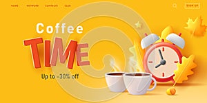 Digital banner with 3d illustration of autumn leaves with clock and coffee cups, fall warm compositio with typography