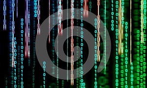 digital banner with binary code and digital data on black background.