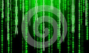 digital banner with binary code and digital data on black background.