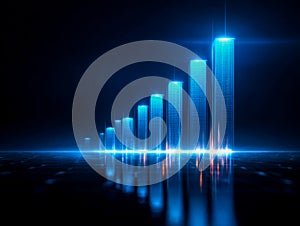 Digital bar graph representing data growth with vibrant blue lighting effects