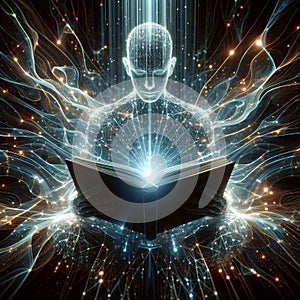 A digital being immersed in cosmic patterns reads a book