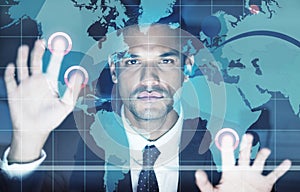 Digital big data cloud computer man, futuristic web graphs and digital transformation with businessman, trader or