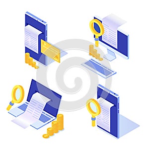 Digital bill, electronic receipt or invoice vector illustration isometric.