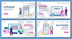 Digital bill and online payments set of web banners, flat vector illustration.