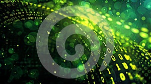 Digital binary code background with green glowing lights and bokeh effect