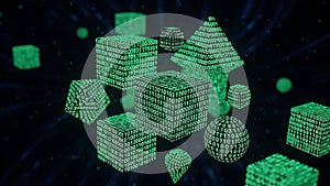 Digital Binary Code 3D Shapes - Cubes, Spheres, Pyramids in Neon Green