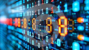 Digital binary code data stream encryption with glowing red and blue dots on pixelated interface