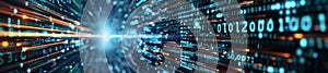 Digital binary code and data streams in motion