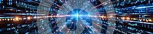 Digital binary code and data streams in motion