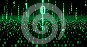 Digital Binary Code Falling and Creating a Glowing Green Matrix Effect technology data