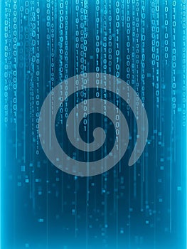 Digital Binary Code Falling Down with Blue Glow and Pixelated Effect Keywords: binary code, digital, data, technology, programming