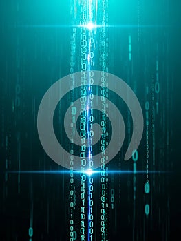 Digital Binary Code Falling Down with Blue Light Streaks and Lens Flares abstract background