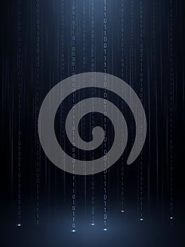 Digital binary code falling vertically against a dark, atmospheric background data technology