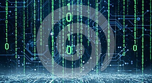 Digital Binary Code Flowing with Circuit Board Background - Technology and Data Concept