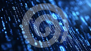 Digital binary code flowing through cyberspace on a blue background