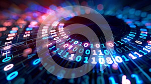 Digital binary code flowing in vibrant colors and intricate patterns on a dark background