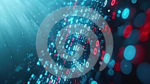Digital binary code flows on a dark blue backdrop, embodying the essence of the internet and cybersecurity concepts