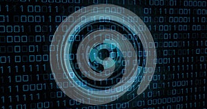 Digital binary code and futuristic circular interface, data processing image