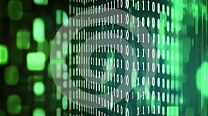 Digital binary code with green glowing data stream representing technology data visualization and computer programming
