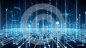 Digital binary code matrix with glowing nodes and lines