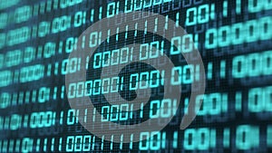Digital binary code number on computer screen background. Blue green digital numeral software global network. Cyber security and