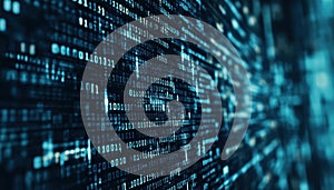 Digital Binary Code Programming Icon On Matrix Background With Stream Of Data. Illustration For Coding Or Hacking