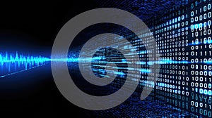 Digital Binary Code with Sound Wave Visualization Abstract Data Stream Technology Background with Glowing Blue Elements