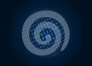Digital binary code sphere. Blue background. Vector illustration