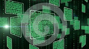 Digital Binary Code Stream and Data Panels, Futuristic Technology Background
