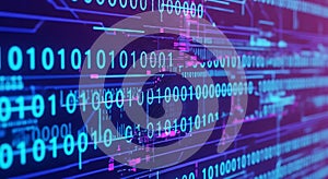 Digital binary code stream on a futuristic blue and purple abstract technology background