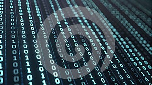 Digital binary code streaming in a futuristic dark blue high tech background representing data transfer computer programming and