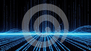 Digital binary code streams with blue light waves and abstract patterns on a dark background