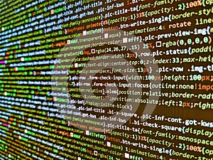 Digital binary data on computer screen. Web development work concept. Abstract modern virtual computer script. Project managers