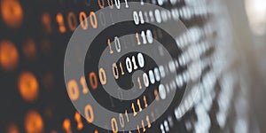 Digital Binary Data on Dark Background, Programming Code, Abstract Technology Concept.