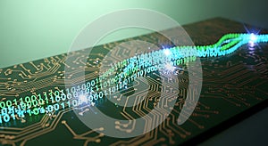 Digital Binary Data Flow on Green Circuit Board Technology Background