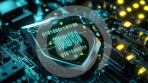 Digital binary data on futuristic microchip with circuit board background