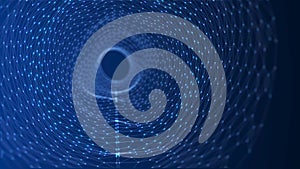 Digital binary data tunnel. Abstract connection of dots and lines on dark background. Concept of network. 3D