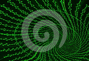 Digital binary data tunnel and binary code streaming on the black background