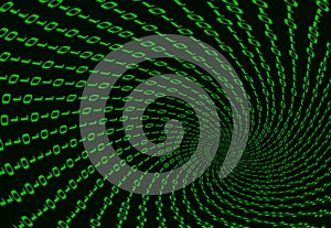 Digital binary data tunnel and binary code streaming on the black background