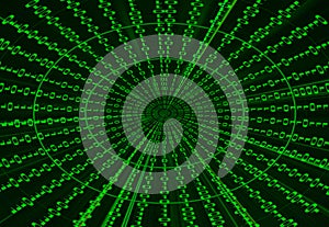 Digital binary data tunnel and binary code streaming on the black background