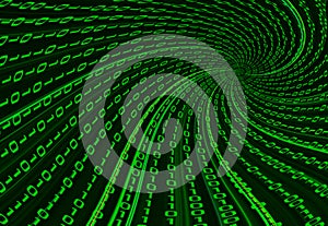 Digital binary data tunnel and binary code streaming on the black background