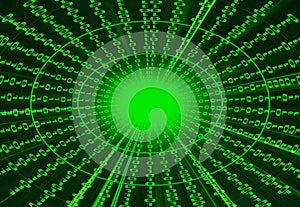 Digital binary data tunnel and binary code streaming on the black background
