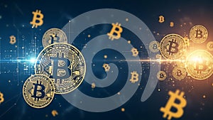 Digital Bitcoin Cryptocurrency Coins in Motion