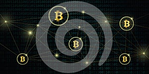 Digital bitcoin network crypto currency with binary code background