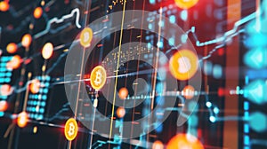 Digital Bitcoin symbols in abstract blockchain network