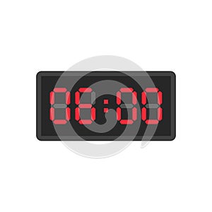 Digital black alarm clock displaying 6:00 o'clock