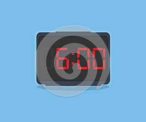 Digital black alarm clock displaying 6:00 o\'clock logo design. Digital clock with red numbers - Time to wake up.